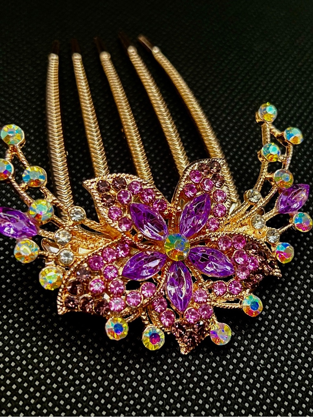 Vintage-Style Purple Lavender Rhinestone Floral Hair Comb Bonus Sachet, HTF New